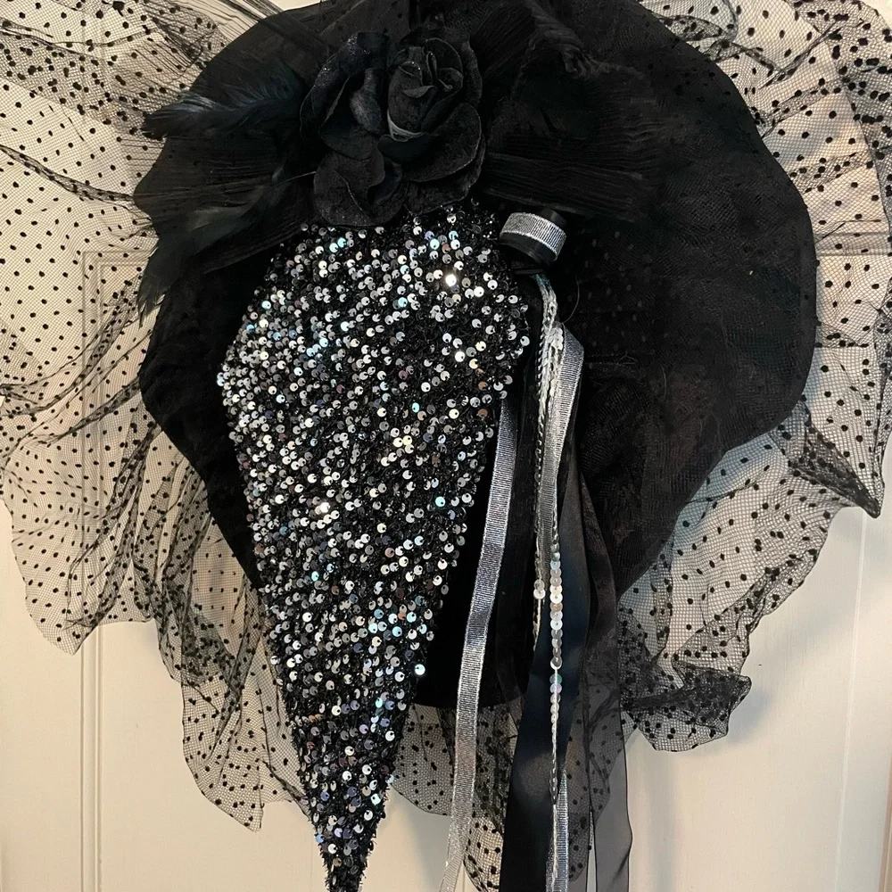 Black and Silver Witch Hat with Sheer Polka Dot Ruffle
